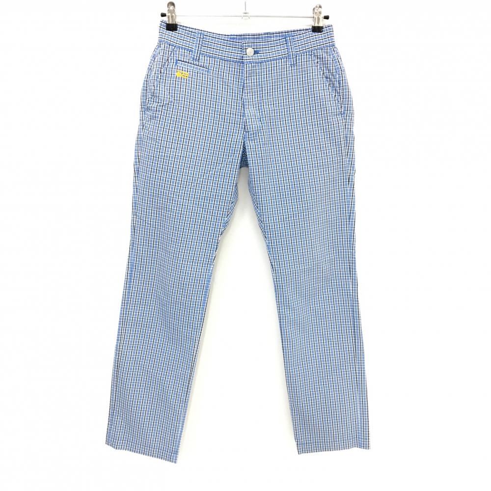 【美品】ロサーセン パンツ ライトブルー×白×ダークネイビー チェック 薄手 メンズ 76 ゴルフウェア Rosasen