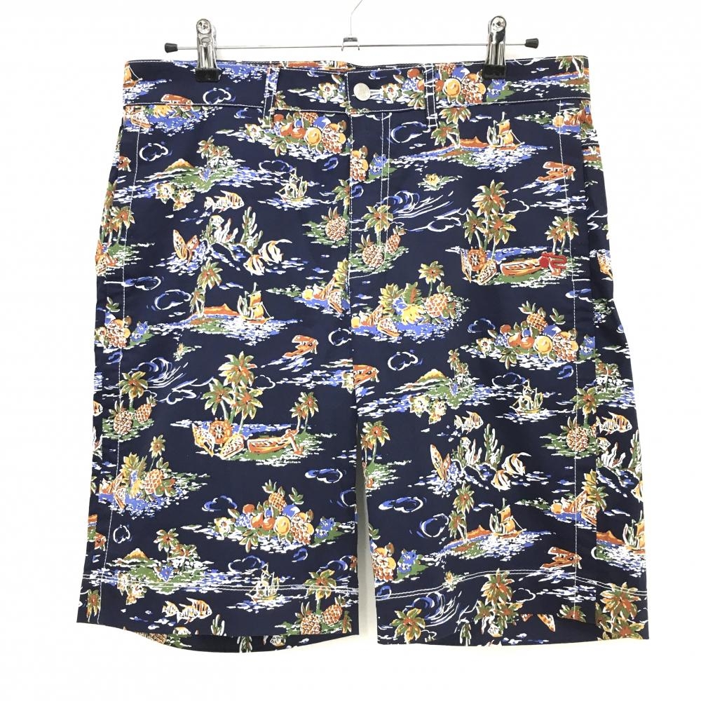 【超美品】ロサーセン ハーフパンツ ネイビー×グリーン 総柄 南国 ストレッチ  メンズ 88 ゴルフウェア Rosasen
