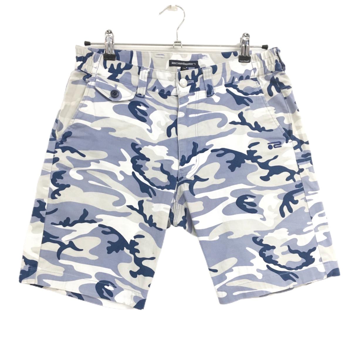 ロサーセン ハーフパンツ 白×ライトブルー×ネイビー カモフラ柄 迷彩 ストレッチ 内もも汚れ、ヒップ色褪せ メンズ  ゴルフウェア Rosasen