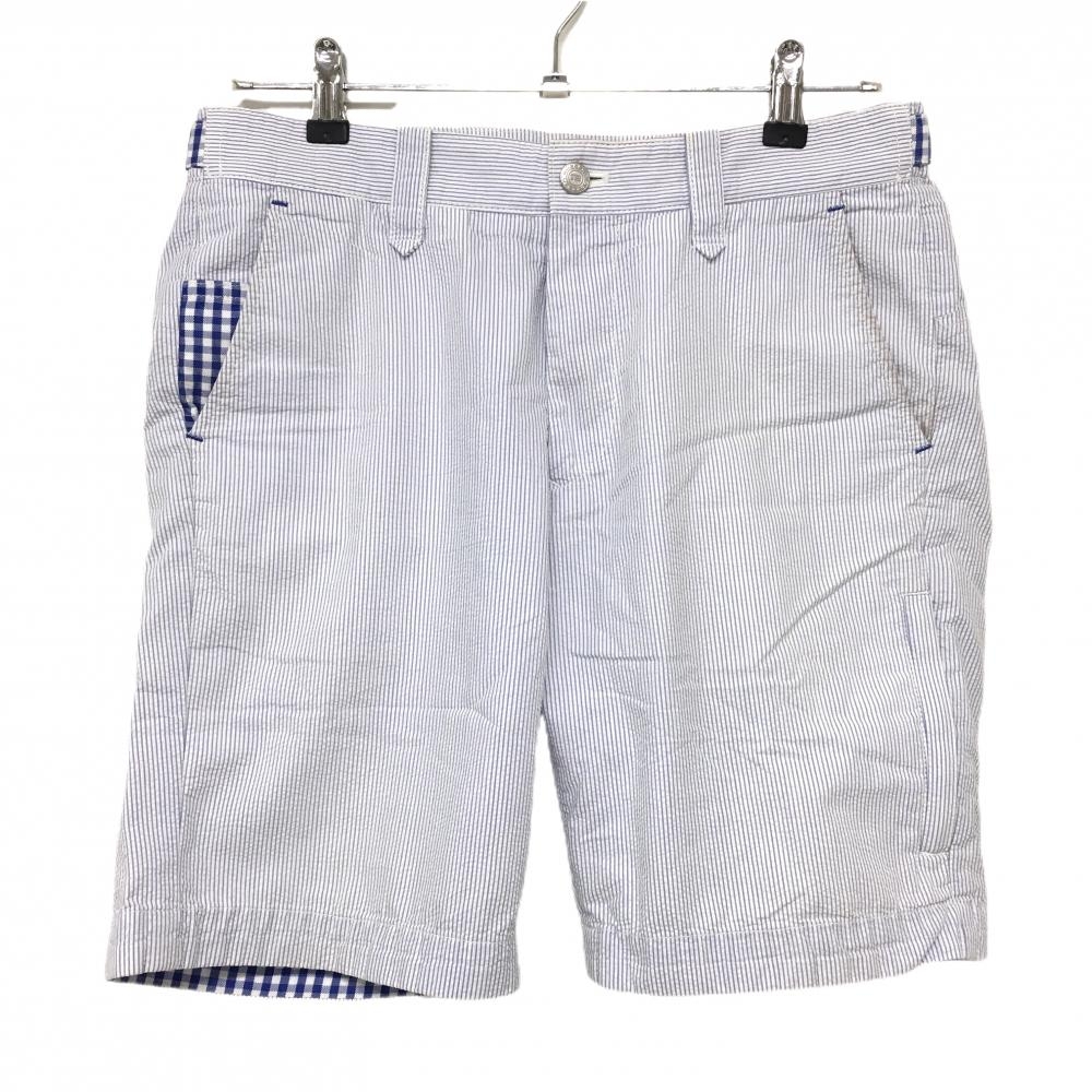 ロサーセン ハーフパンツ 白×ブルー 細ストライプ 一部チェック メンズ 46(S) ゴルフウェア Rosasen