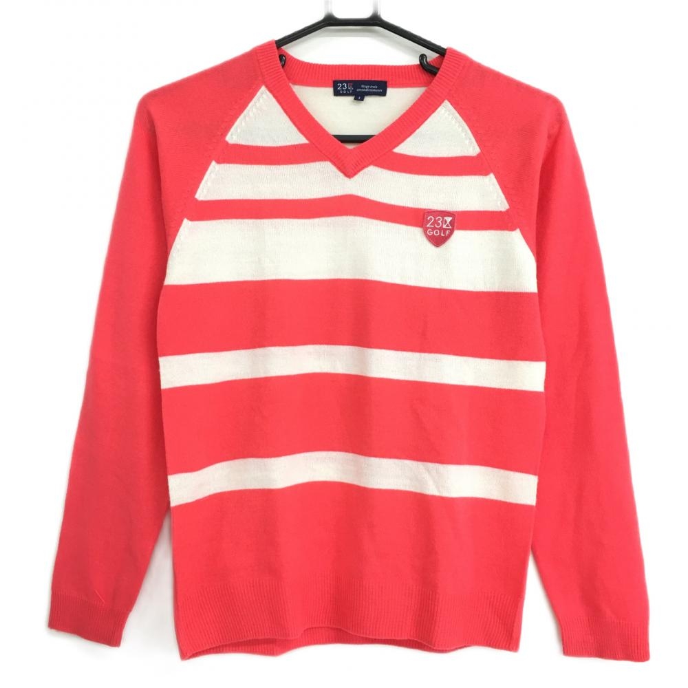 【美品】23区ゴルフ セーター レッドピンク×白 身頃ボーダー ニット アクリル100％ Vネック  レディース I(M) ゴルフウェア 23区
