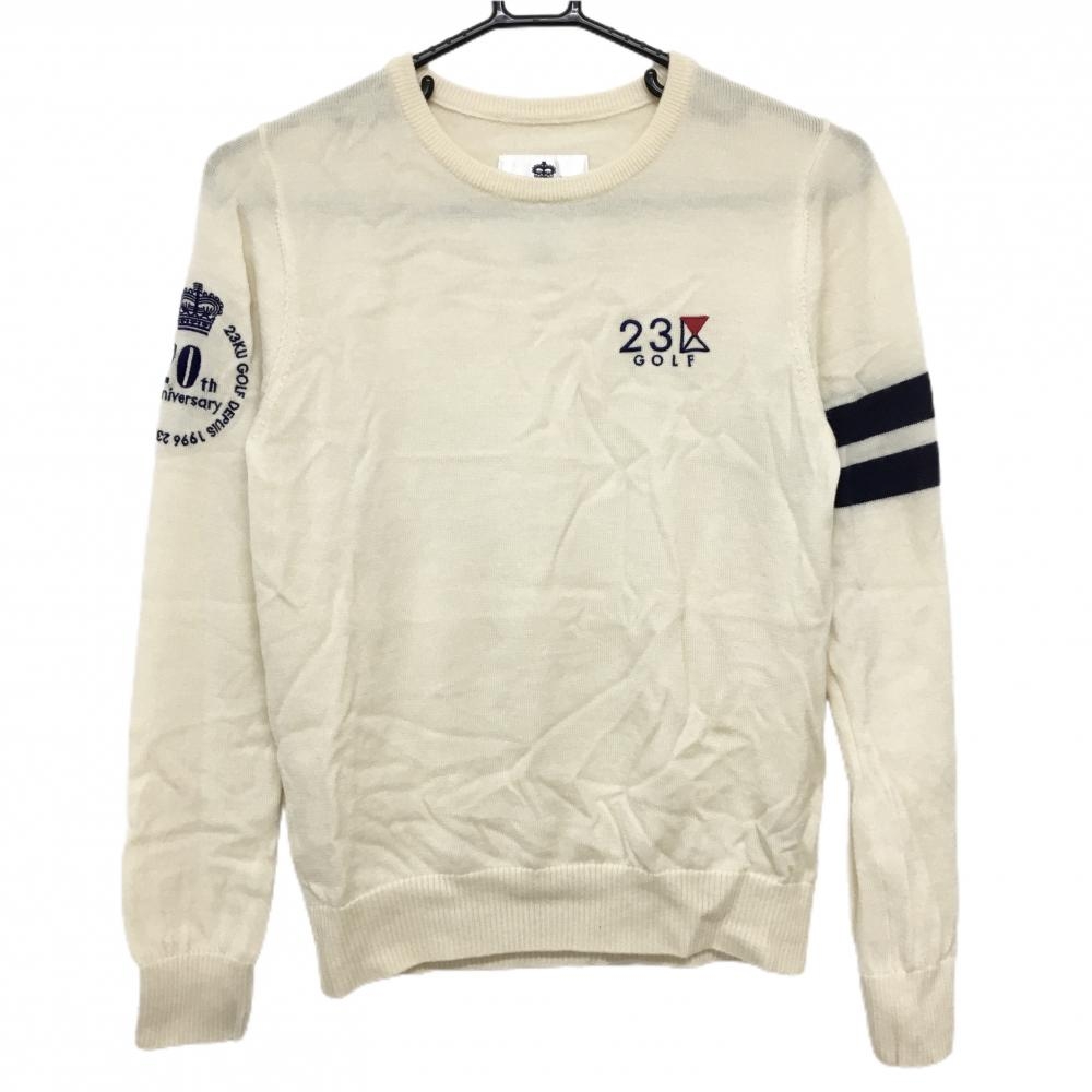 【美品】23区ゴルフ セーター アイボリー×ネイビー 袖2ライン ウール100％ レディース I(M) ゴルフウェア 23区