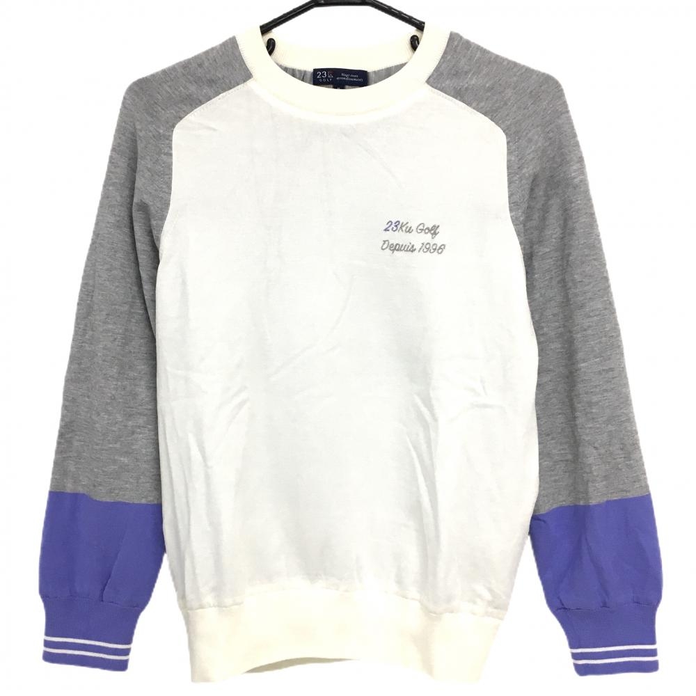 【超美品】23区ゴルフ セーター 白×グレー 蓄熱裏地 胸元刺しゅう ニット レディース II(L) ゴルフウェア 23区