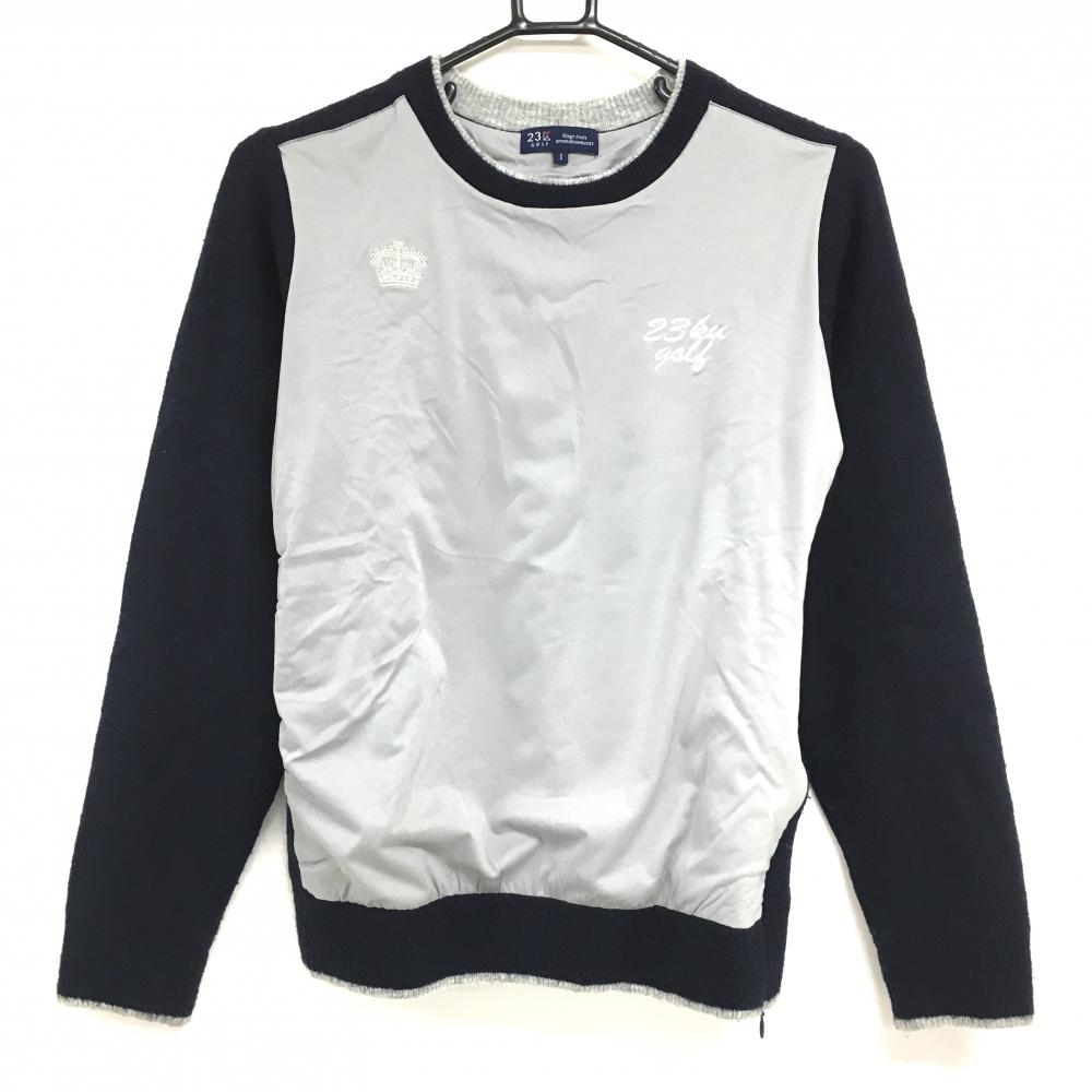【超美品】23区ゴルフ 異素材切替セーター グレー×ネイビー サイドジップ 裏地付き ニット レディース I(M) ゴルフウェア 23区