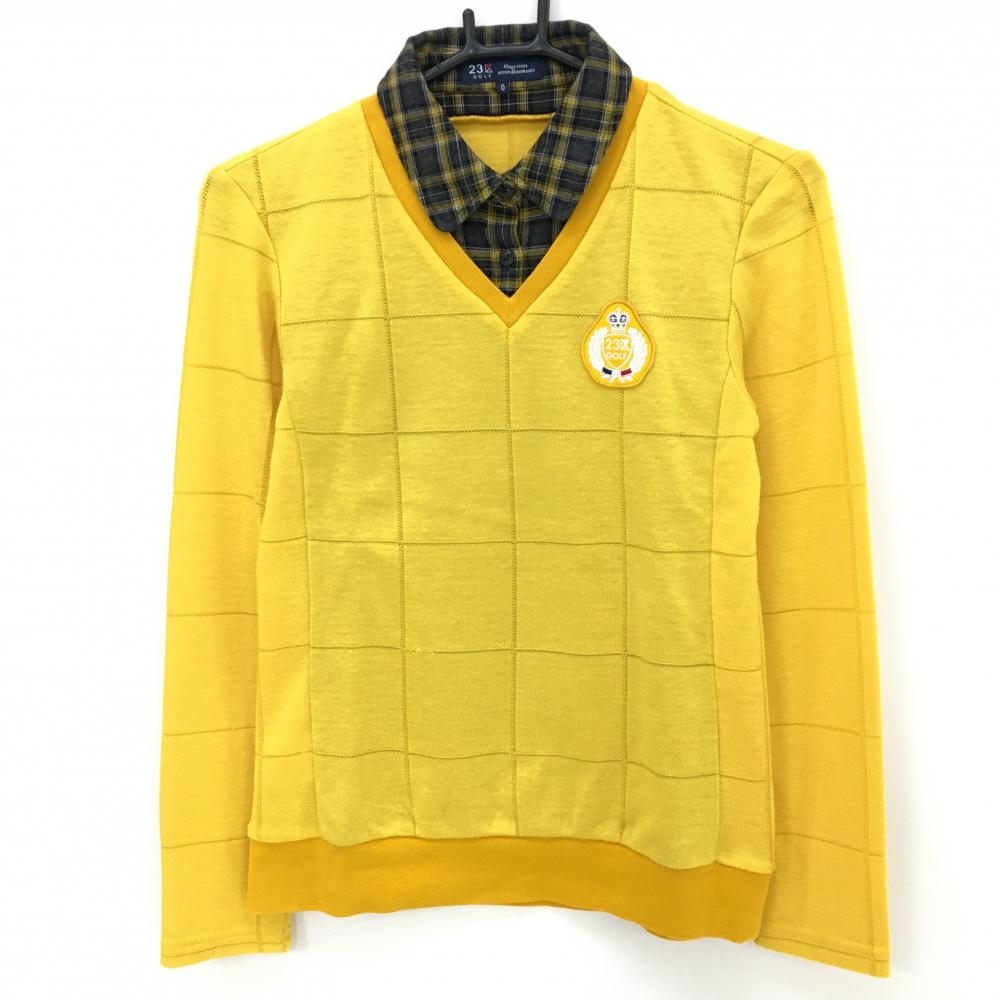 【美品】23区ゴルフ 襟付きセーター イエロー×ダークグレー 重ね着風 格子柄 ニット ウール混  レディース 0(S) ゴルフウェア 23区