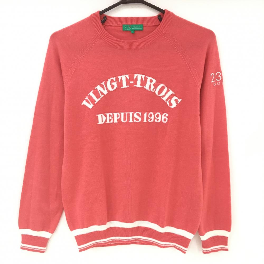 【美品】23区ゴルフ セーター レッドピンク×白 袖ロゴ刺しゅう ウール混 ニット レディース I(M) ゴルフウェア 23区