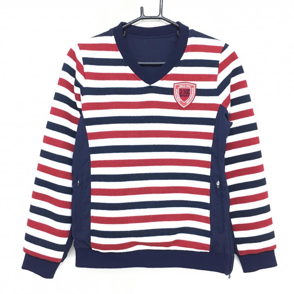 【美品】23区スポーツ 切替リバーシブルスニード ネイビー×白×レッド ボーダー Vネック レディース I(M) ゴルフウェア 23区