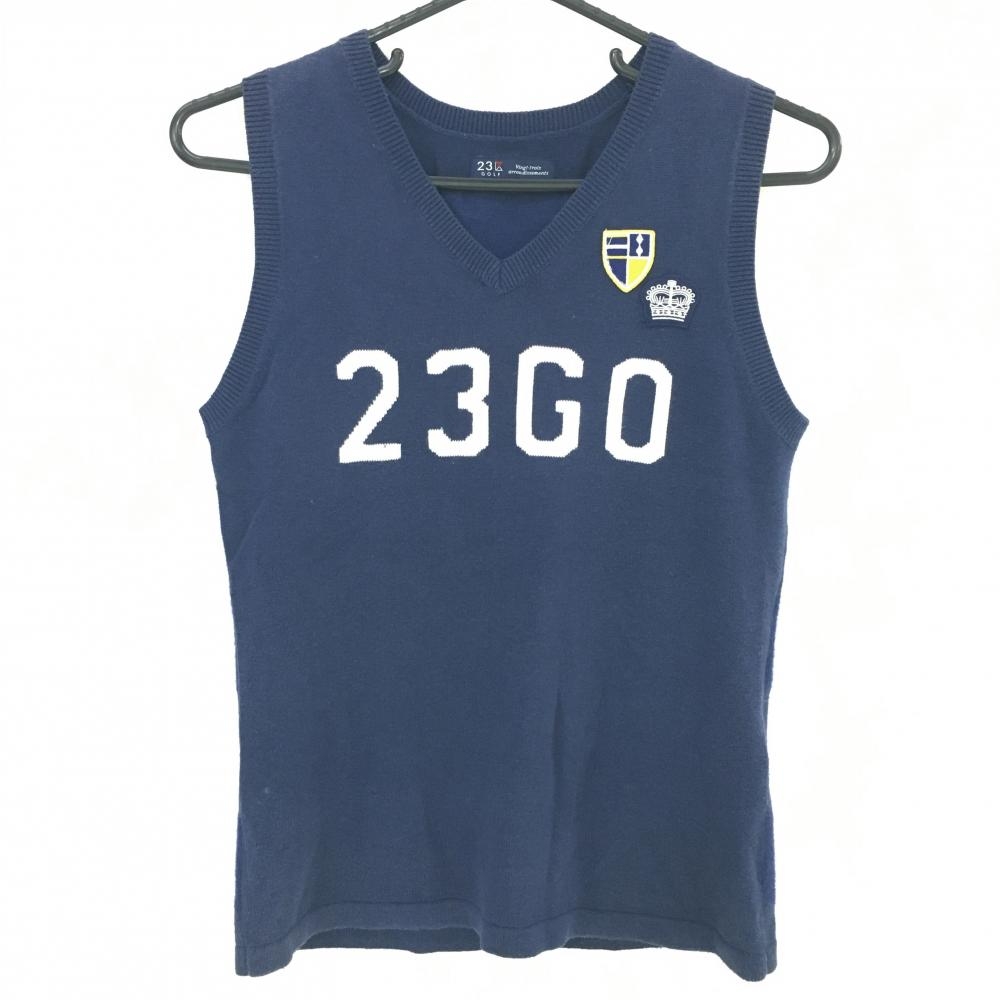 23区ゴルフ ニットベスト ネイビー×白 後ろ太ボーダー織生地 Vネック アクリル混 レディース I(M) ゴルフウェア 23区