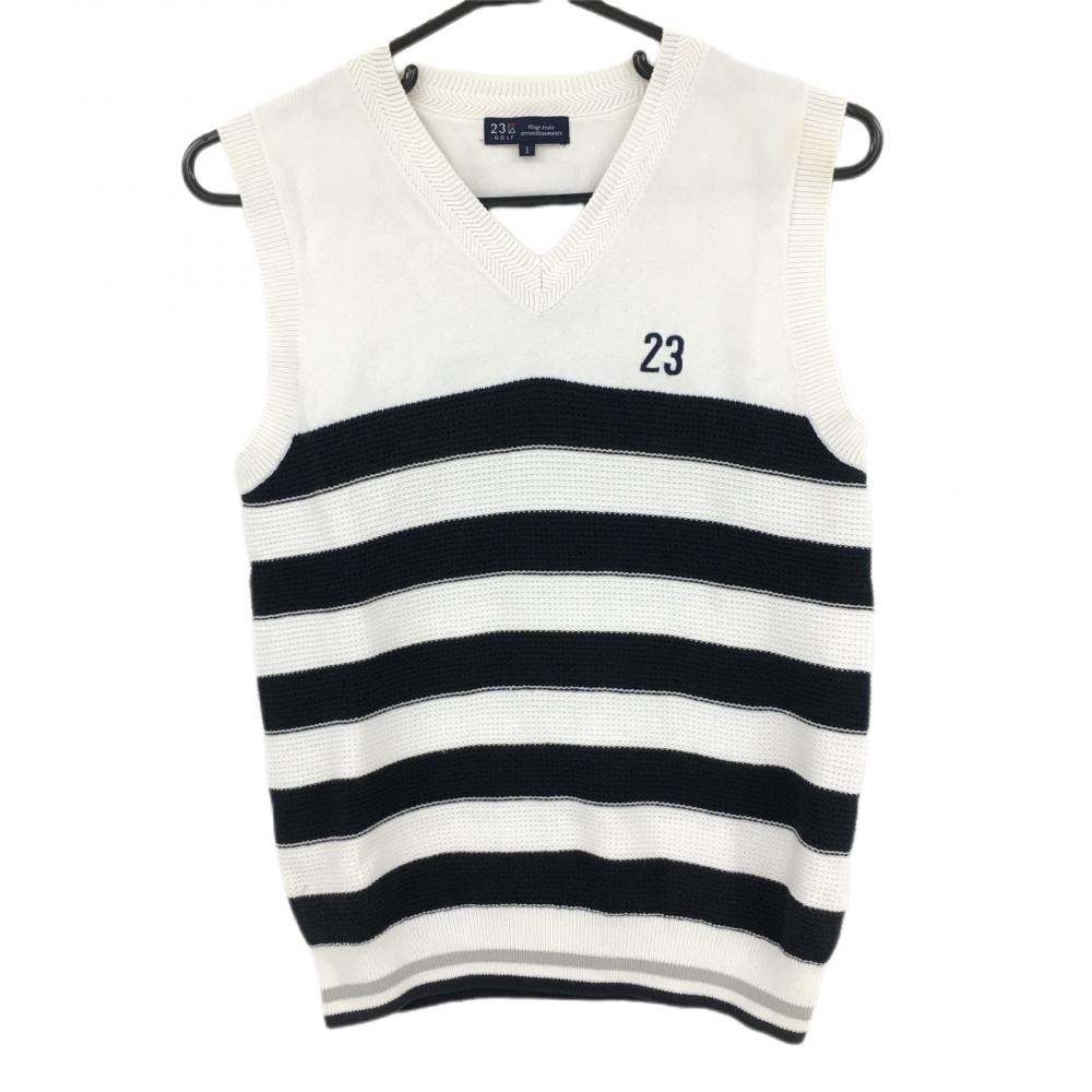 23区ゴルフ ニットベスト 白×ネイビー ボーダー コットン混  レディース I(M) ゴルフウェア 23区