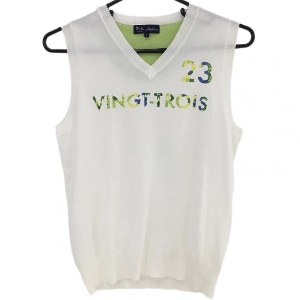 23区ゴルフ ニットベスト 白×ライトグリーン コットン混 レディース I(M) ゴルフウェア 23区