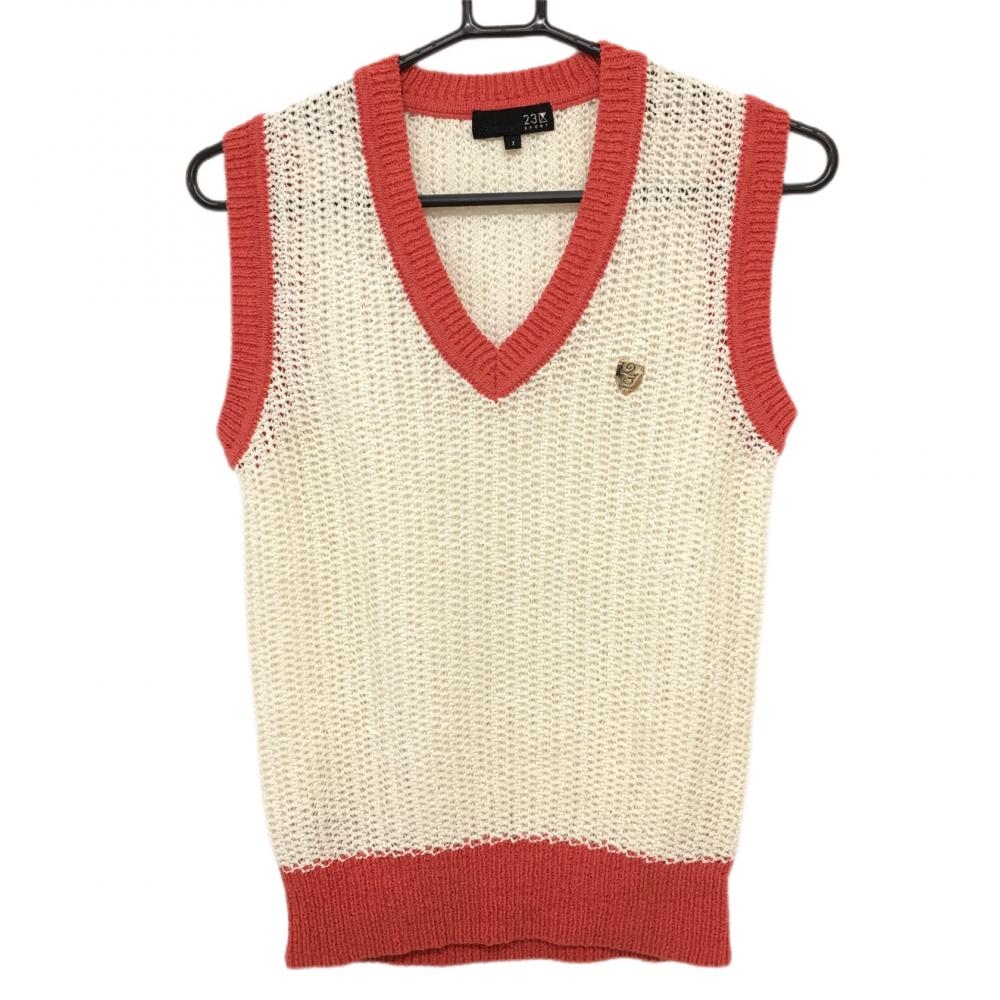 【超美品】23区スポーツ ニットベスト 白×オレンジ 透かし編み Vネック レディース Ⅰ(M) ゴルフウェア 23区