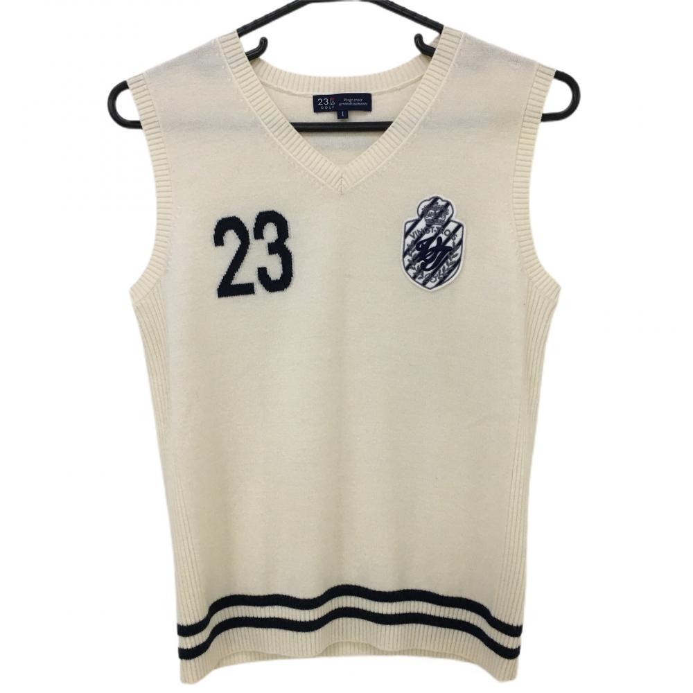 23区ゴルフ ニットベスト 白×ネイビー Vネック ウール混 レディース I(M) ゴルフウェア 23区