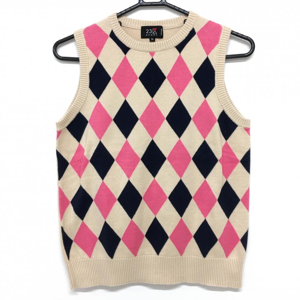 23区スポーツ ニットベスト ベージュ×ピンク ダイヤ柄 コットン100％ レディース M ゴルフウェア 23区