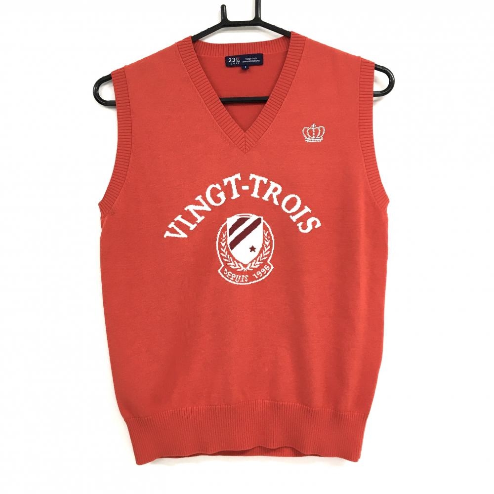 23区ゴルフ ニットベスト レッド×白 ラインストーンクラウン Vネック レディース I(M) ゴルフウェア 23区