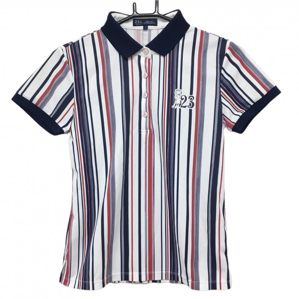 【美品】23区ゴルフ 半袖ポロシャツ 白×ネイビー ストライプ柄 胸元プリント レディース I(M) ゴルフウェア 23区
