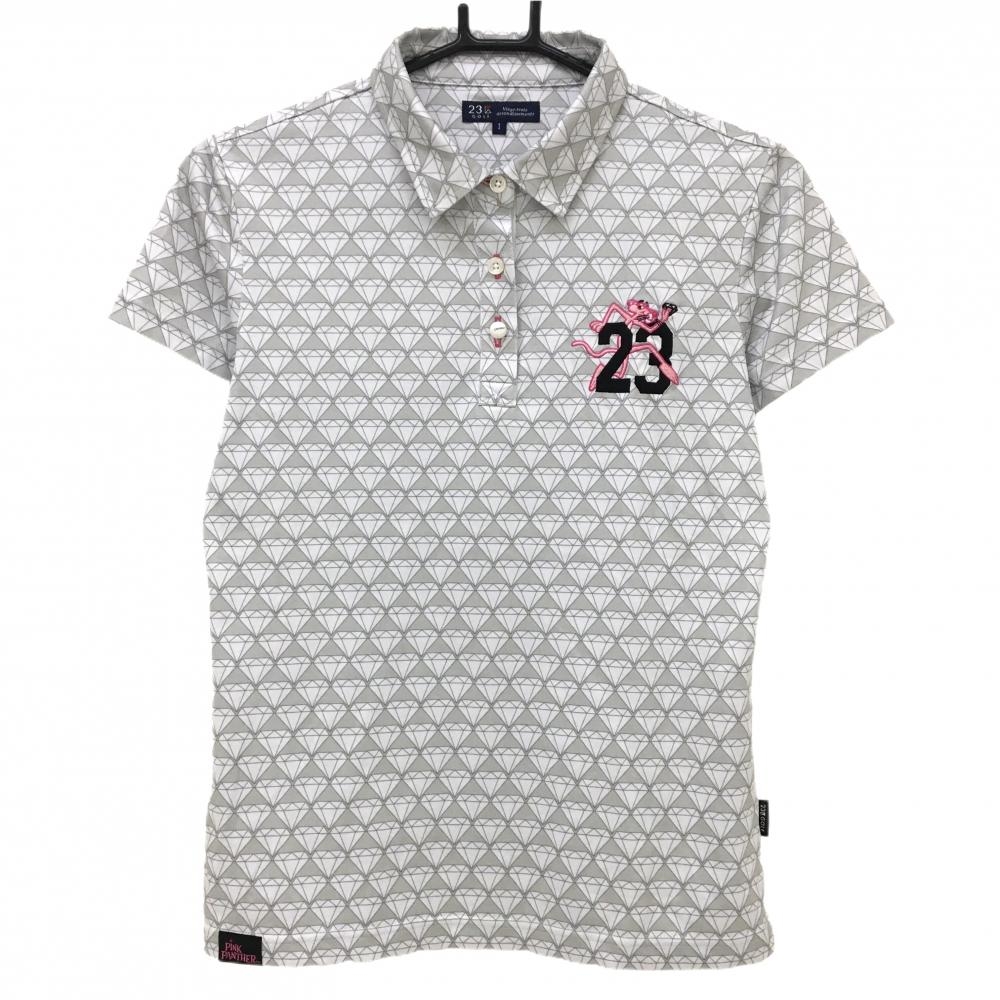 【超美品】23区ゴルフ×ピンクパンサー 半袖ポロシャツ グレー×白 ダイヤ柄 レディース I(M) ゴルフウェア 23区