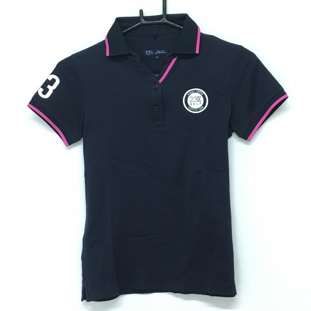 23区ゴルフ 半袖ポロシャツ ネイビー×ピンク ロゴワッペン スキッパーシャツ レディース 0(S) ゴルフウェア 23区