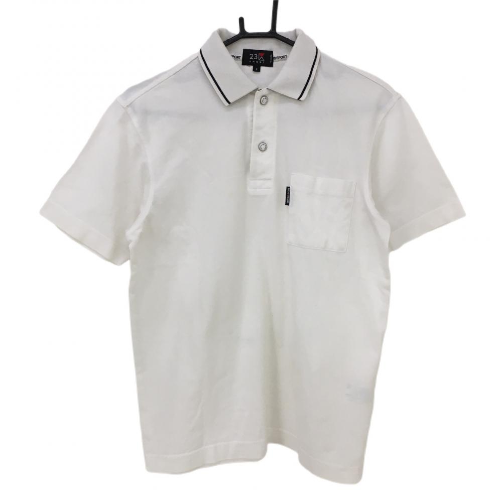 23区スポーツ 半袖ポロシャツ 白×黒 襟ライン 胸ポケット  レディース 2(L) ゴルフウェア 23区 画像