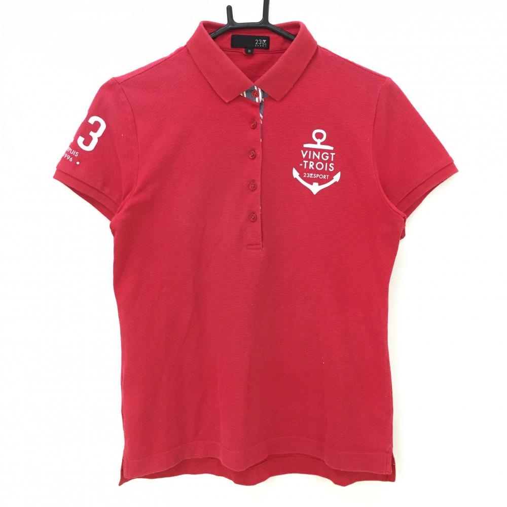 23区スポーツ 半袖ポロシャツ レッド×白 イカリ刺しゅう  レディース II(L) ゴルフウェア 23区