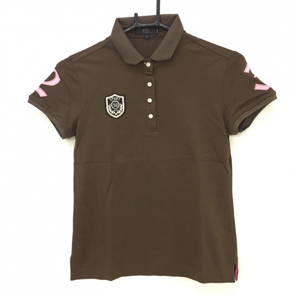 【美品】23区スポーツ 半袖ポロシャツ ブラウン×ピンク 胸元ワッペン 袖刺しゅう  レディース I(M) ゴルフウェア 23区