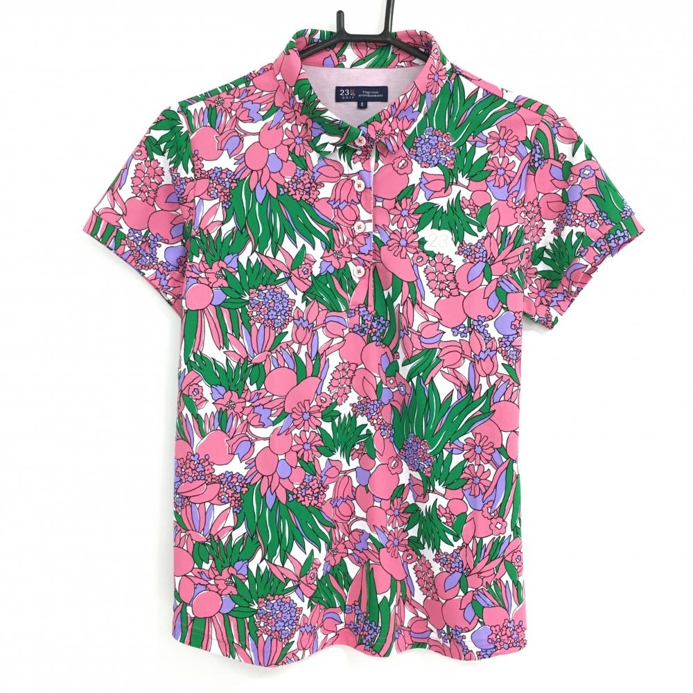 【超美品】23区ゴルフ 半袖ポロシャツ ピンク×グリーン 花柄 レディース II(L) ゴルフウェア 23区 画像