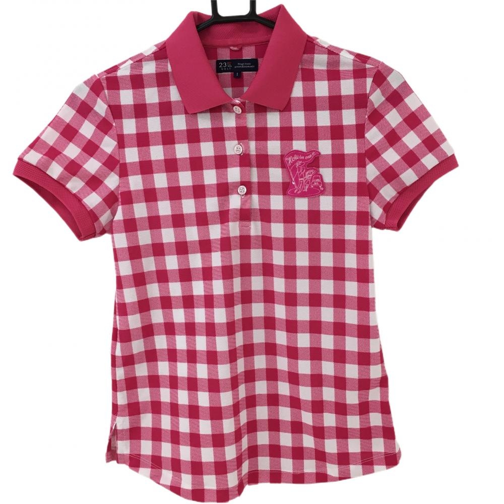 【美品】23区ゴルフ 半袖ポロシャツ ピンク×白 チェック レディース I(M) ゴルフウェア 23区