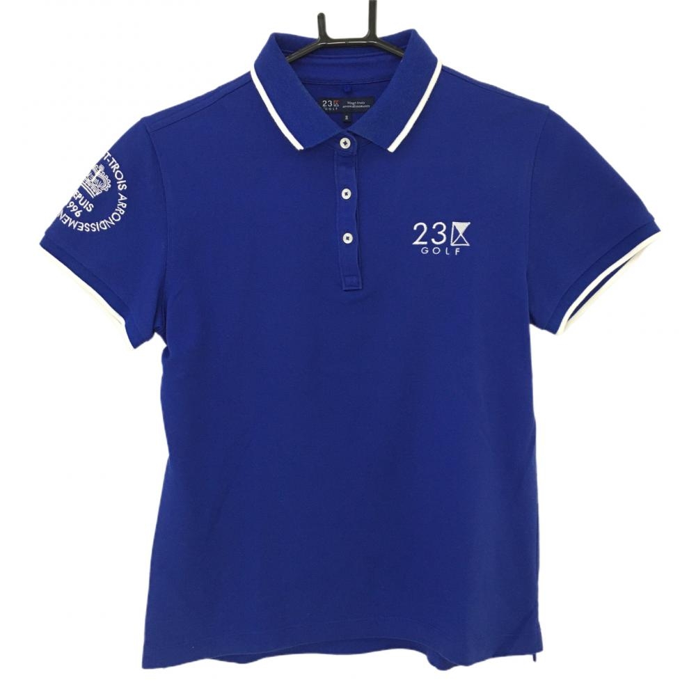 23区ゴルフ 半袖ポロシャツ ブルー×白 ロゴ刺しゅう レディース II(L) ゴルフウェア 23区