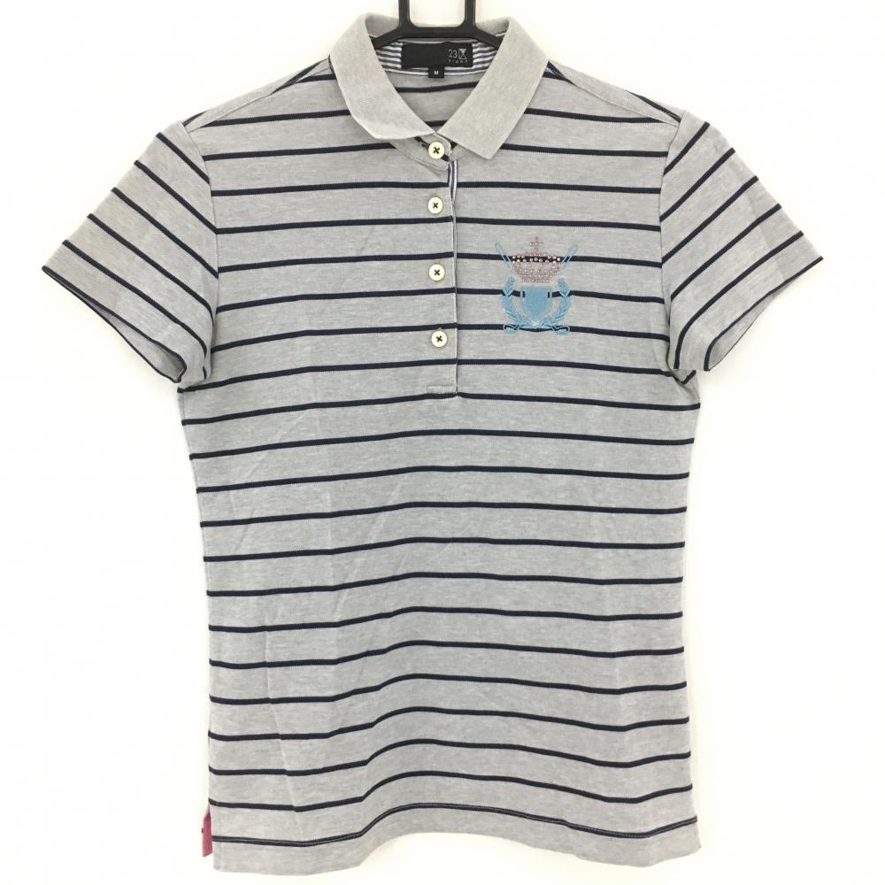 【美品】23区スポーツ 半袖ポロシャツ グレー×ネイビー ボーダー ラインストーン  レディース M ゴルフウェア 23区
