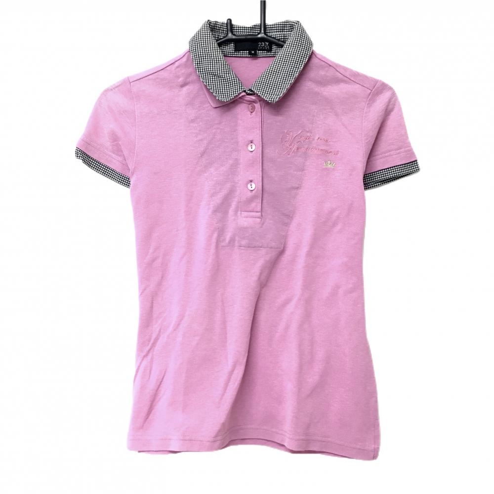 23区スポーツ 半袖ポロシャツ ピンク×黒 襟・袖口チェック レディース M ゴルフウェア 23区