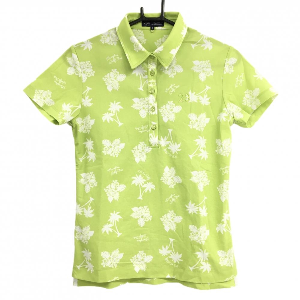 【超美品】23区ゴルフ 半袖ポロシャツ ライトグリーン×白 ヤシの木柄 リーフ柄 MANGILAO GOLF CLUB レディース Ⅰ(M) ゴルフウェア 23区