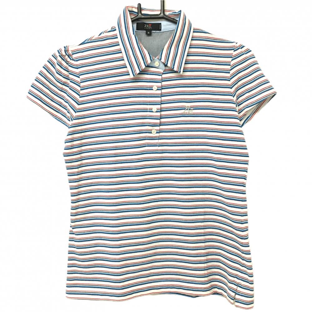 23区スポーツ 半袖ポロシャツ 白×ブルー ボーダー 背面プリント 胸刺しゅう  レディース III(XL) ゴルフウェア 23区