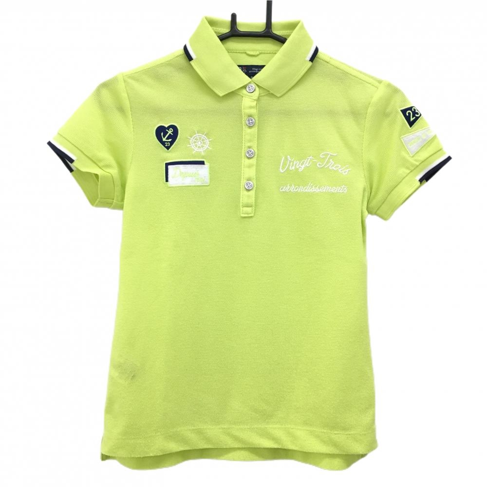 23区ゴルフ 半袖ポロシャツ ライトグリーン×ネイビー 複数ワッペン レディース 0(S) ゴルフウェア 23区