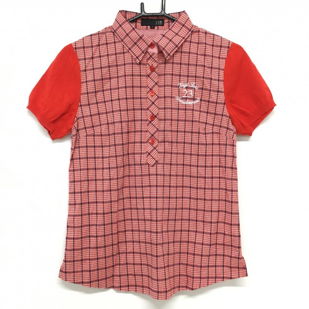 【美品】23区 半袖ポロシャツ レッド×ネイビー チェック柄 袖ニット ストレッチ レディース I(M) ゴルフウェア 23区