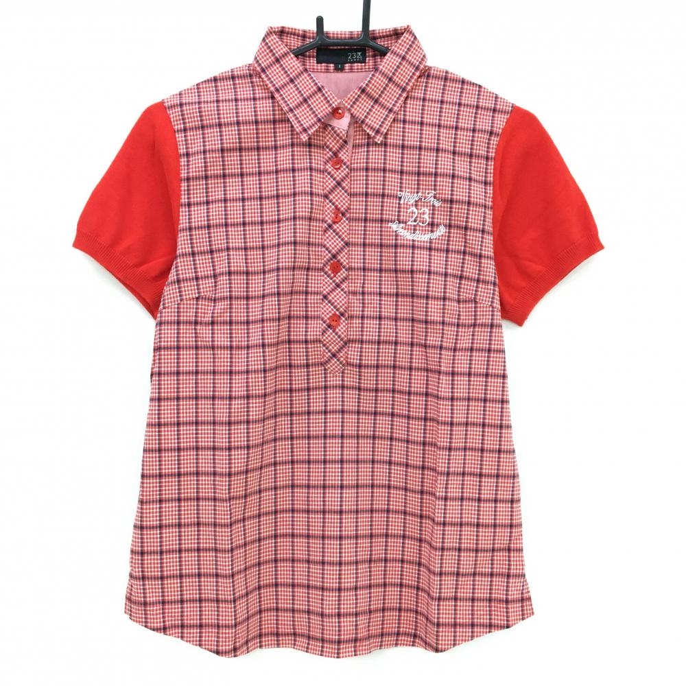 【美品】23区スポーツ 半袖ポロシャツ レッド×白 チェック柄 袖ニット レディース 1(M) ゴルフウェア 23区