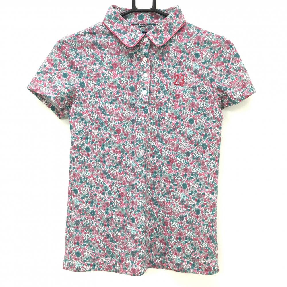 【超美品】23区ゴルフ×LIBERTY 半袖ポロシャツ 白×ピンク 花柄 ロゴ刺しゅう レディース I(M) ゴルフウェア 23区