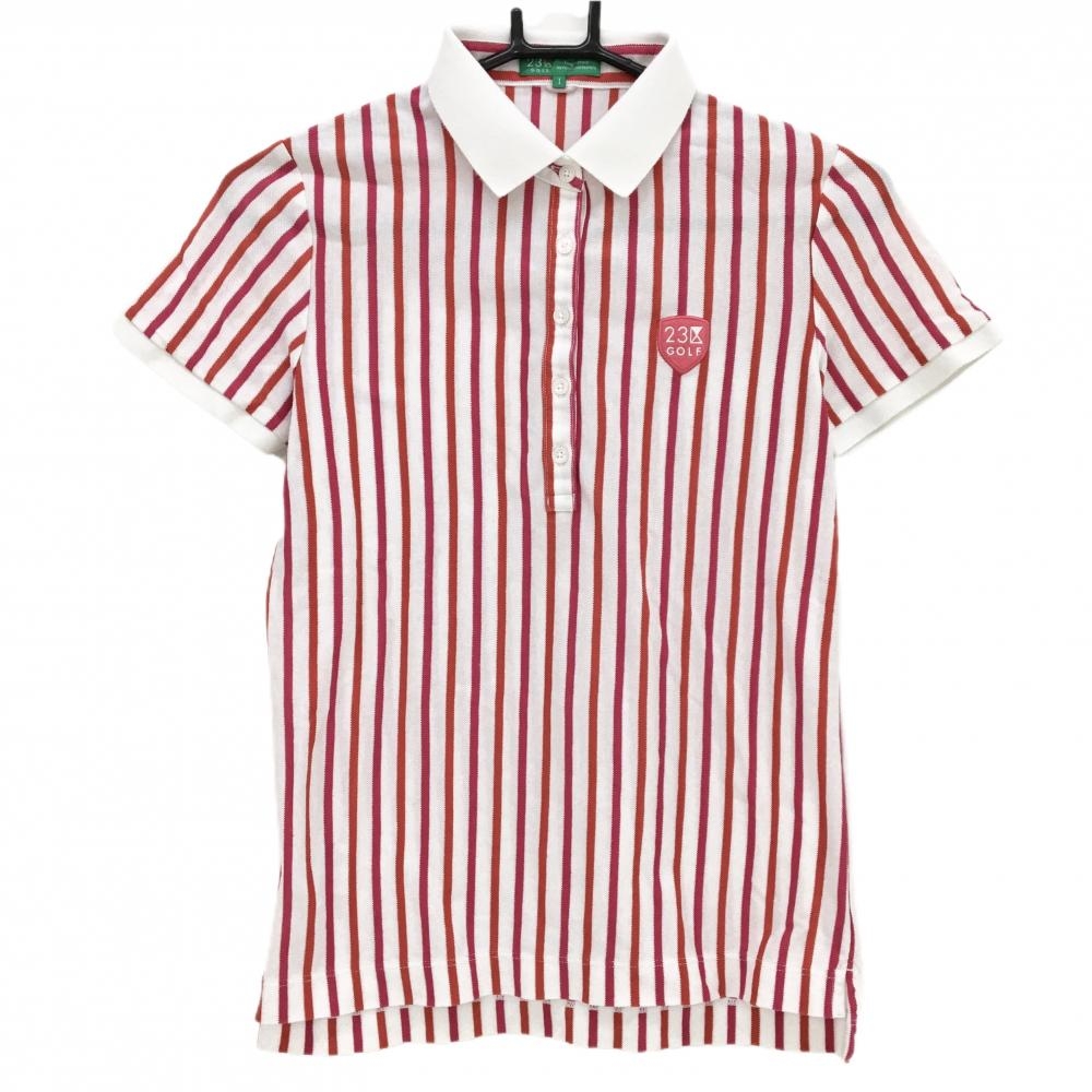 【美品】23区ゴルフ 半袖ポロシャツ 白×レッド ストライプ ワッペン レディース I(M) ゴルフウェア 23区