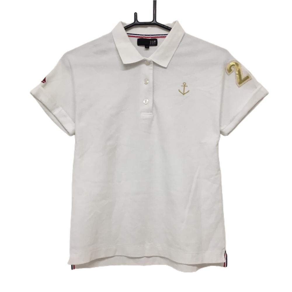 【美品】23区スポーツ 半袖ポロシャツ 白×ゴールド イカリ刺しゅう スパンコールロゴ レディース Ⅰ(M) ゴルフウェア 23区