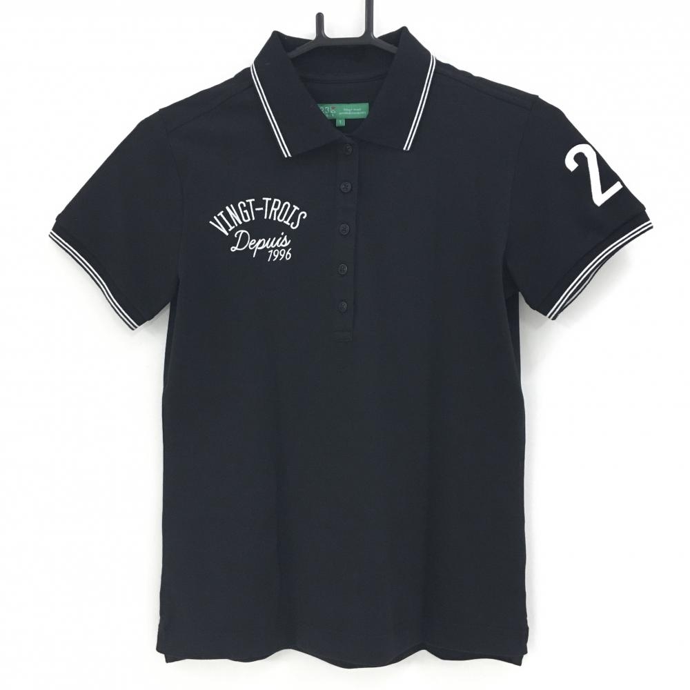 【美品】23区ゴルフ 半袖ポロシャツ 黒×白 襟袖口ライン レディース 1(M) ゴルフウェア 23区