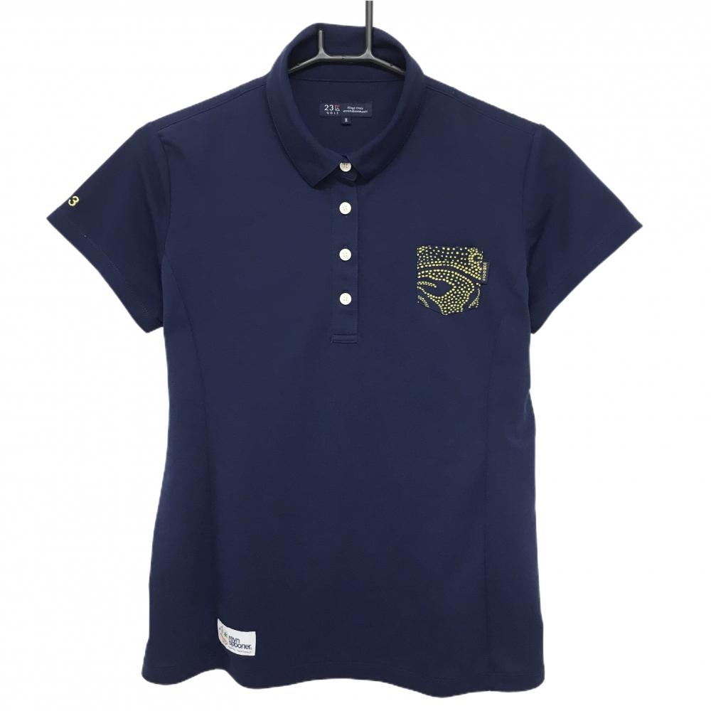 【超美品】23区ゴルフ 半袖ポロシャツ ネイビー×イエロー ポケット襟裏総柄  レディース II(L) ゴルフウェア 23区