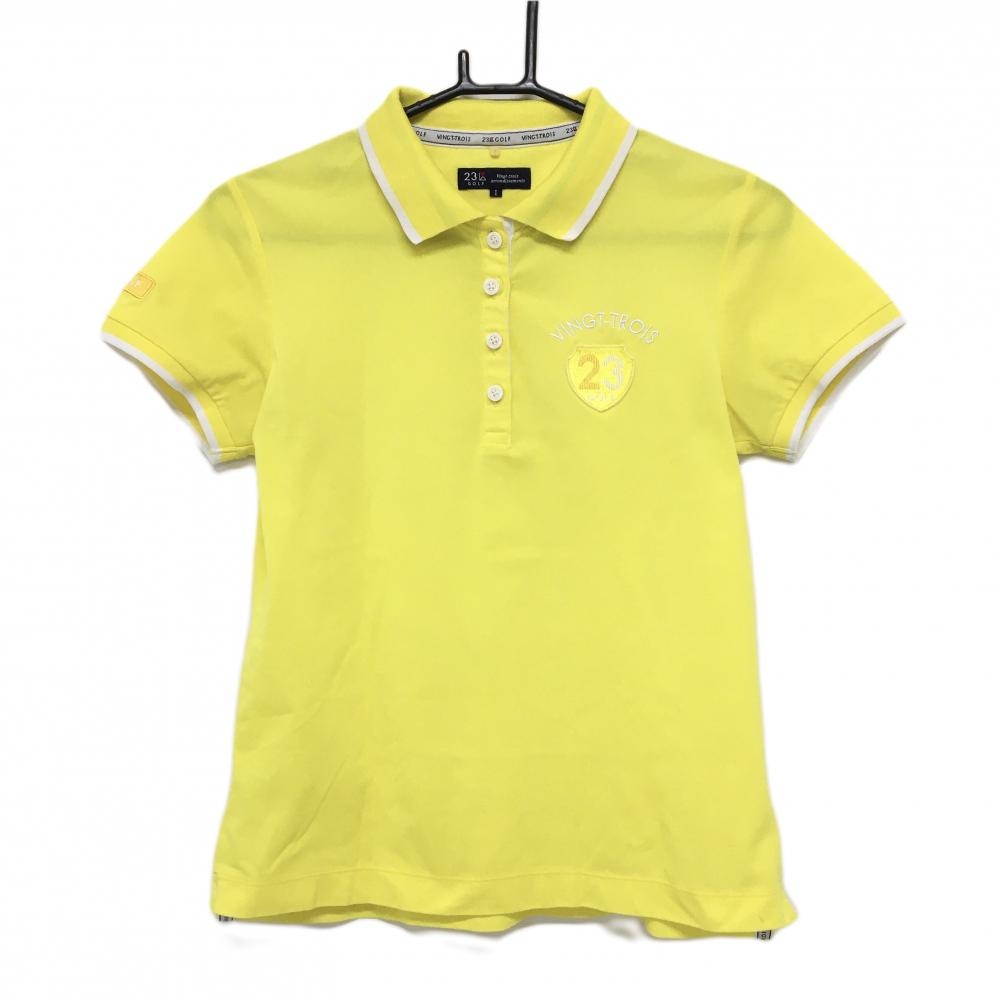 23区ゴルフ 半袖ポロシャツ イエロー×白 襟裏ボーダー ロゴワッペン  レディース I(M) ゴルフウェア 23区