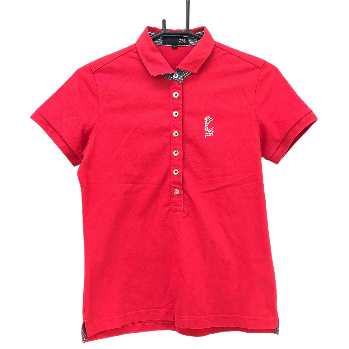【超美品】23区スポーツ 半袖ポロシャツ レッド 襟・前立て裏ストライプ 胸元ラインストーン レディース L ゴルフウェア 23区