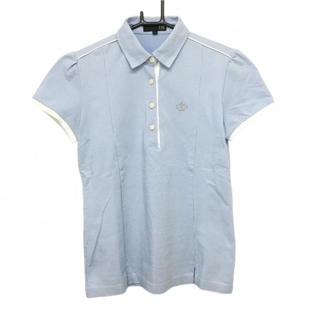 23区スポーツ 半袖ポロシャツ ブルー×白 細ストライプ  レディース L ゴルフウェア 23区