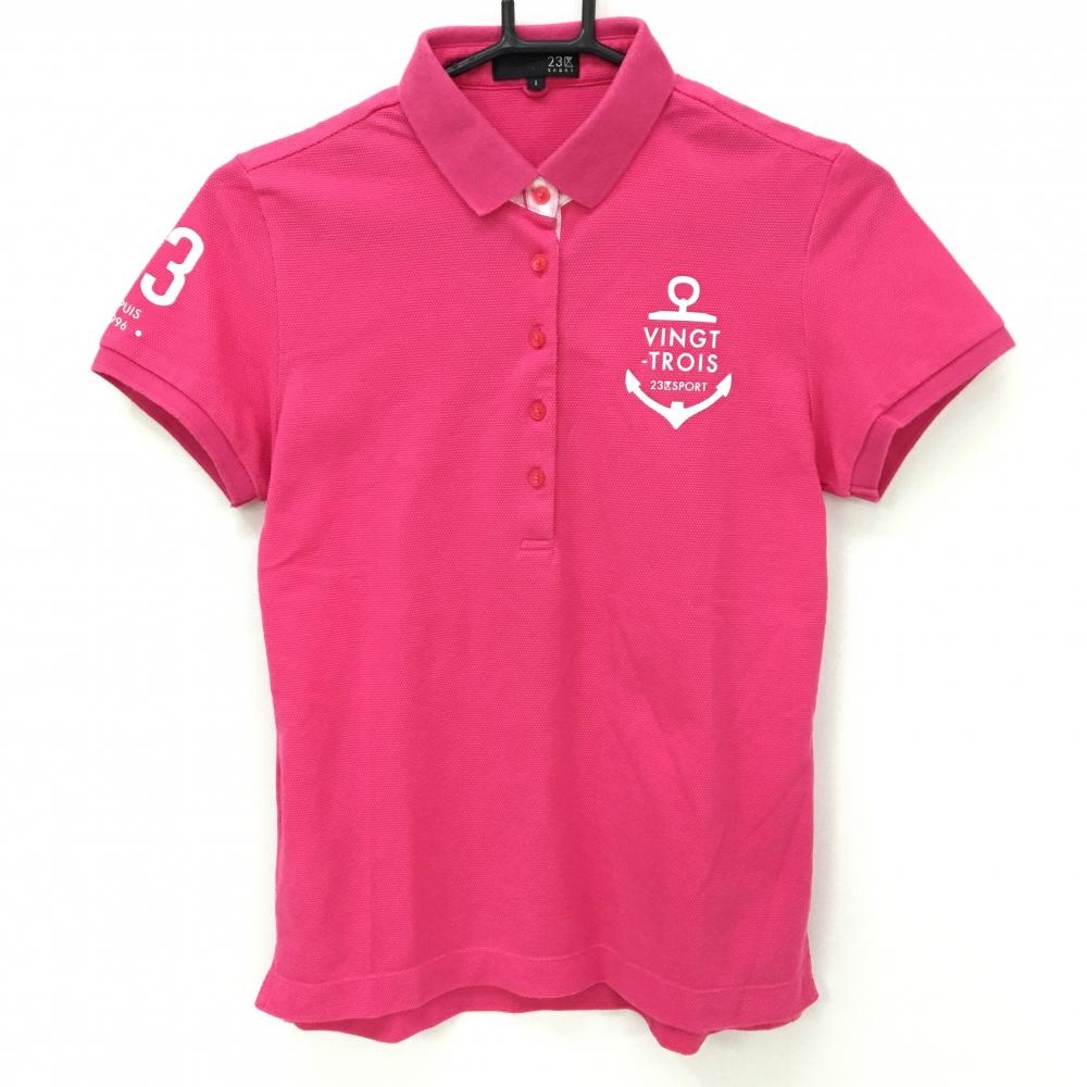 23区スポーツ 半袖ポロシャツ ピンク×白 前立て内側斜めボーダー イカリ レディース I(M) ゴルフウェア 23区