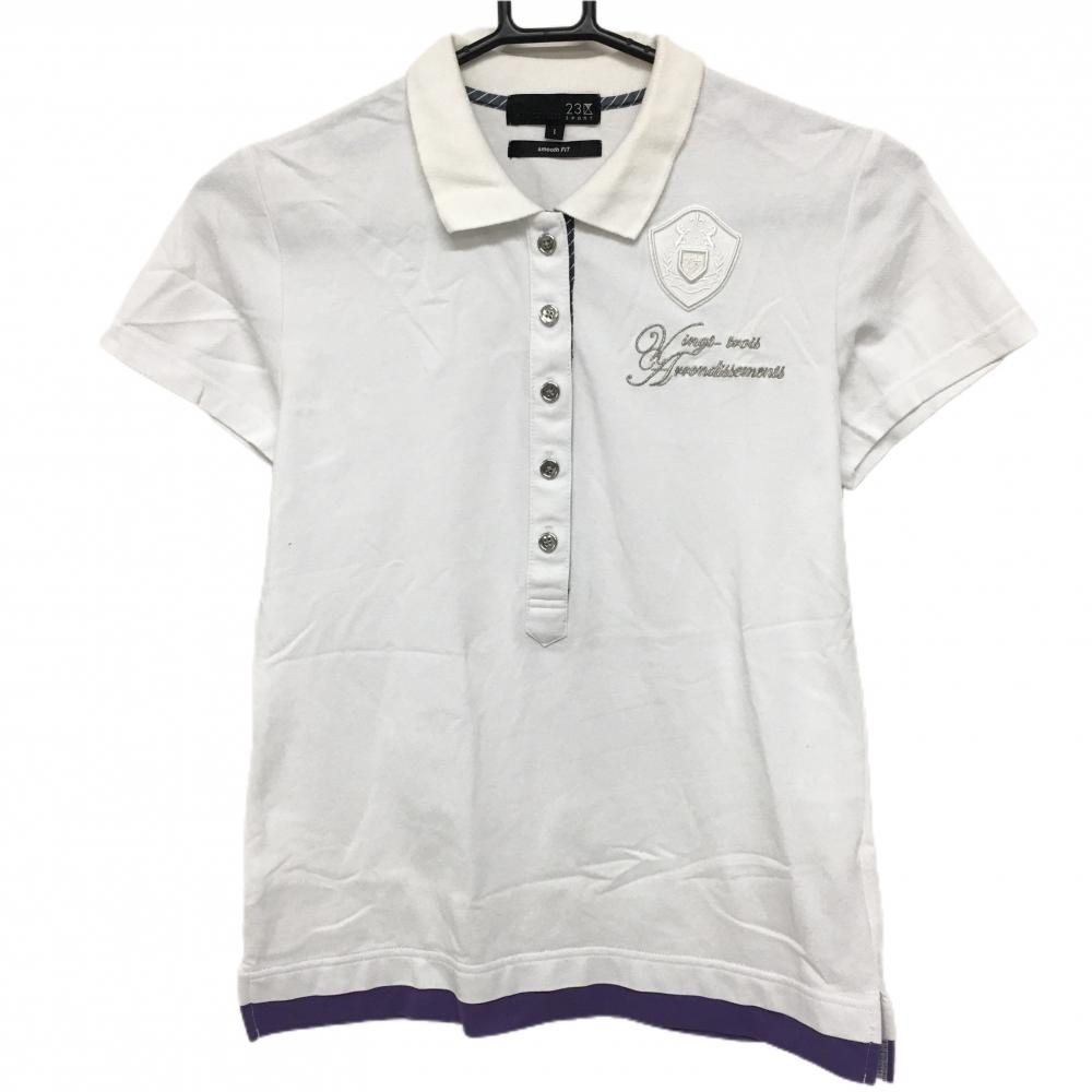 23区スポーツ 半袖ポロシャツ 白×パープル 刺しゅうワッペン 裾重ね着風 襟薄汚れ、裾色褪せ レディース I(M) ゴルフウェア 23区