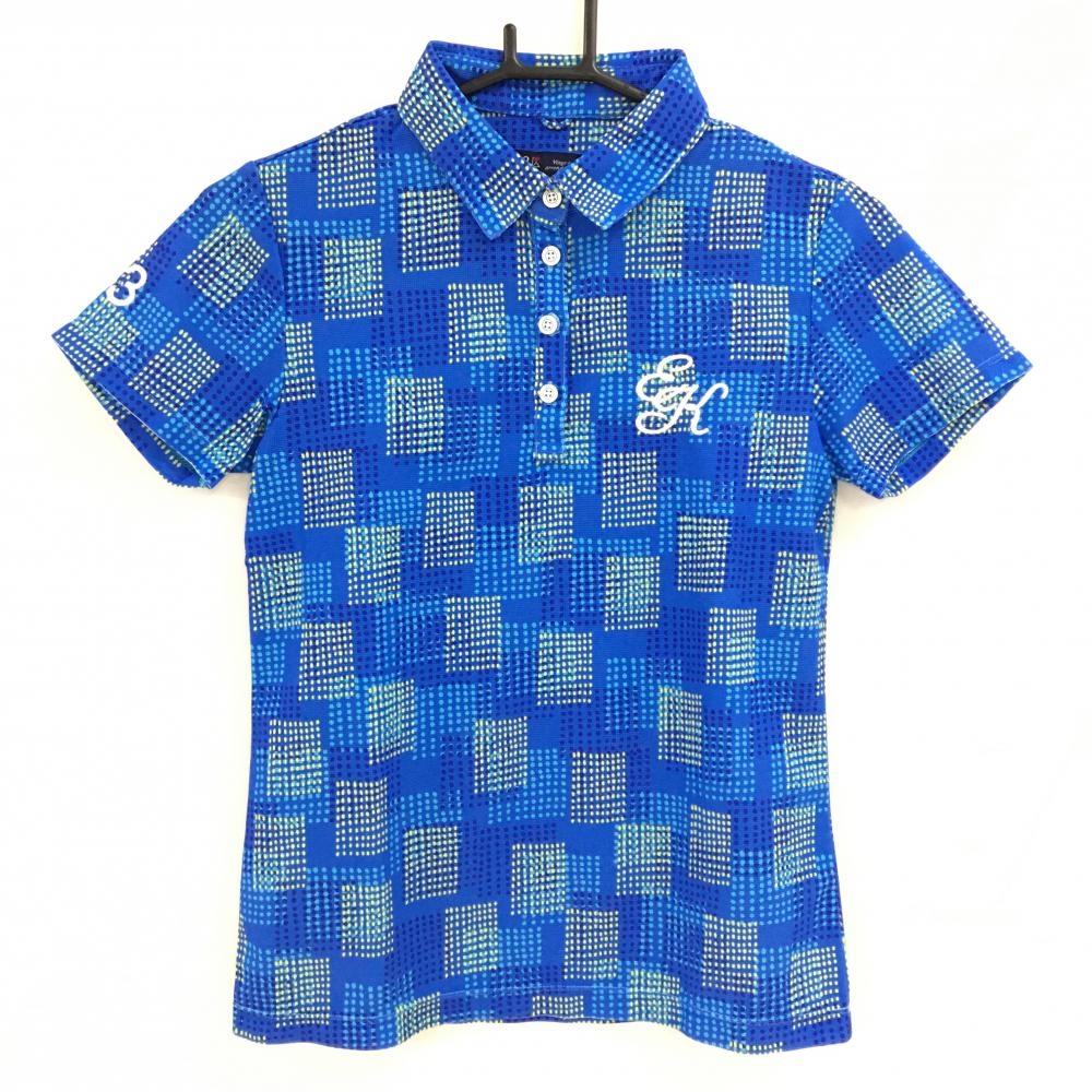 【美品】23区ゴルフ 半袖ポロシャツ ブルー×イエロー ランダムドット柄 ロゴ刺しゅう レディース I(M) ゴルフウェア 23区