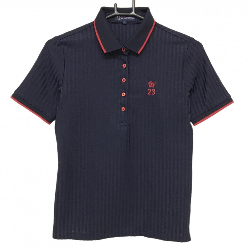【超美品】23区ゴルフ 半袖ポロシャツ ネイビー×レッド ストライプ地模様 刺しゅう レディース I(M) ゴルフウェア 23区