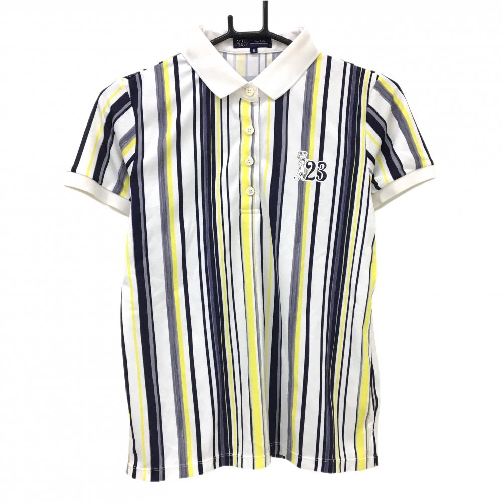 23区ゴルフ 半袖ポロシャツ 白×ネイビー ストライプ調 胸元ロゴ  レディース II(L) ゴルフウェア 23区