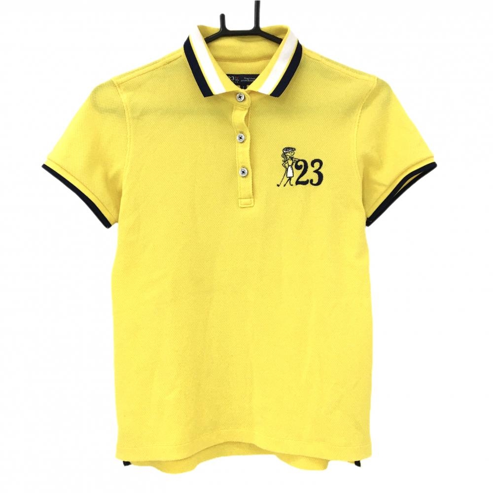 【美品】23区ゴルフ 半袖ポロシャツ イエロー×ネイビー ロゴ刺しゅう レディース I(M) ゴルフウェア 23区