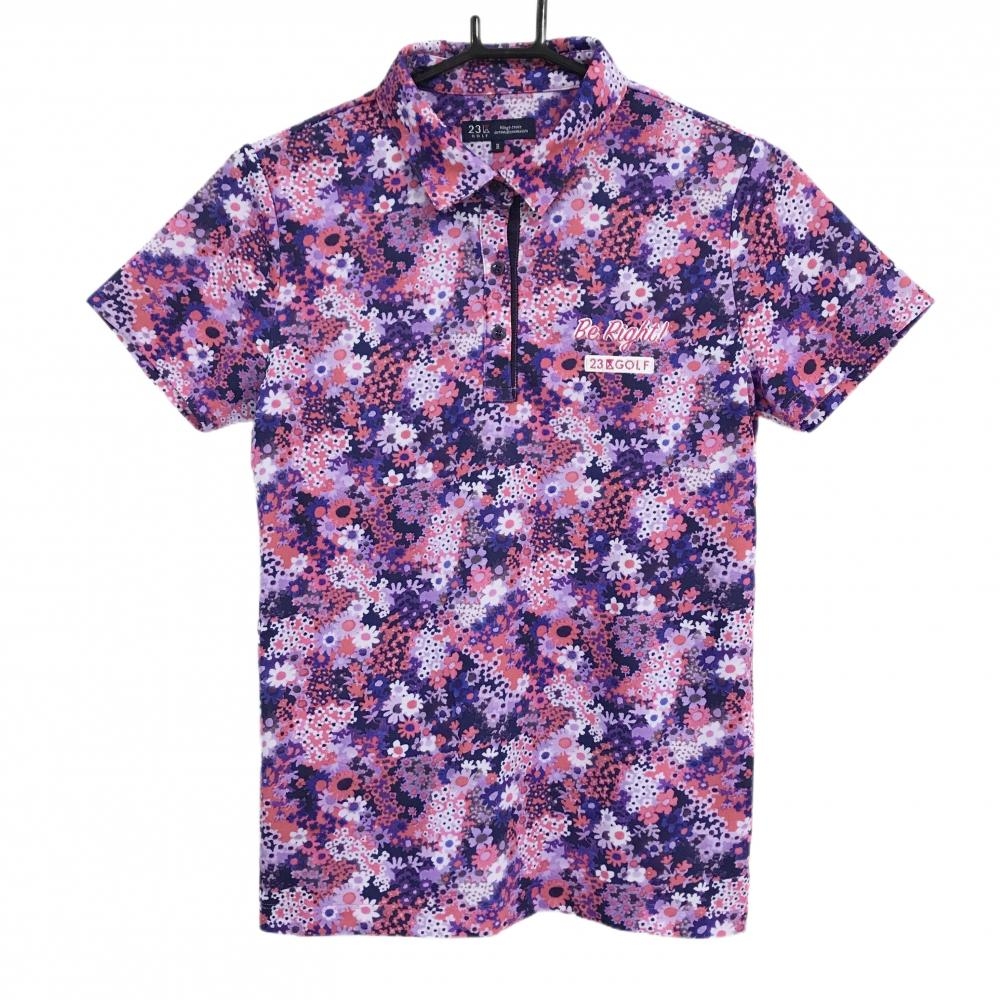 【超美品】23区ゴルフ 半袖ポロシャツ パープル×ピンク 花柄 ロゴ刺しゅう レディース II(L) ゴルフウェア 23区