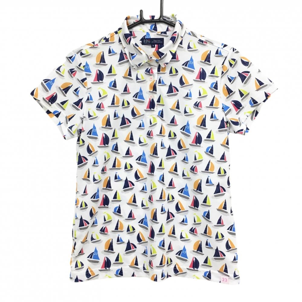 23区ゴルフ 半袖ポロシャツ 白×マルチカラー ヨット総柄  レディース II(L) ゴルフウェア 23区
